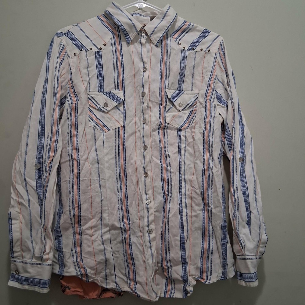 Lola P. Womens Striped Floral Western Studded Button Down Shirt Large Blue Peach